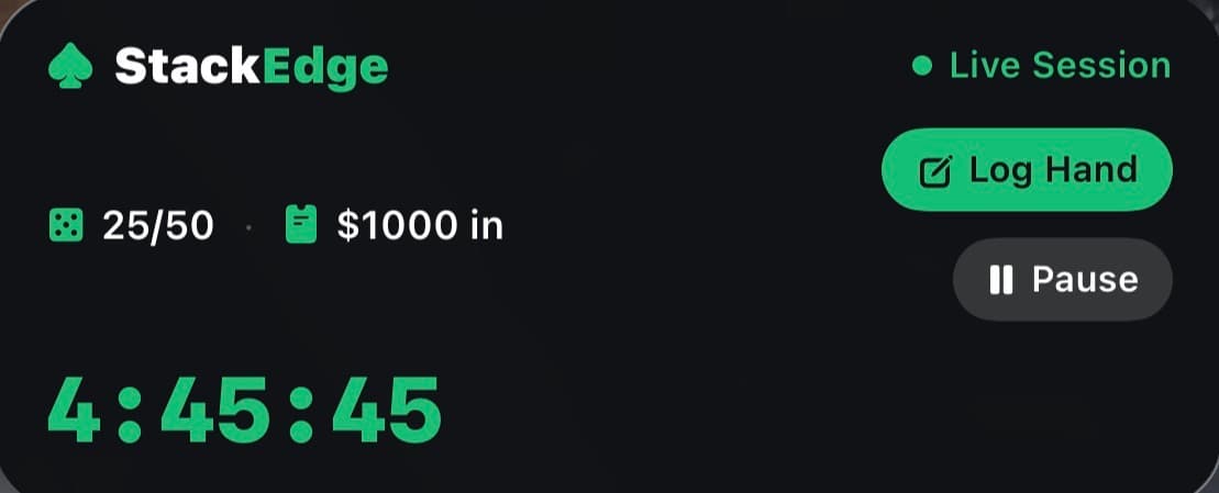 StackEdge live poker session tracking — real-time timer running on iPhone lock screen during a cash game
